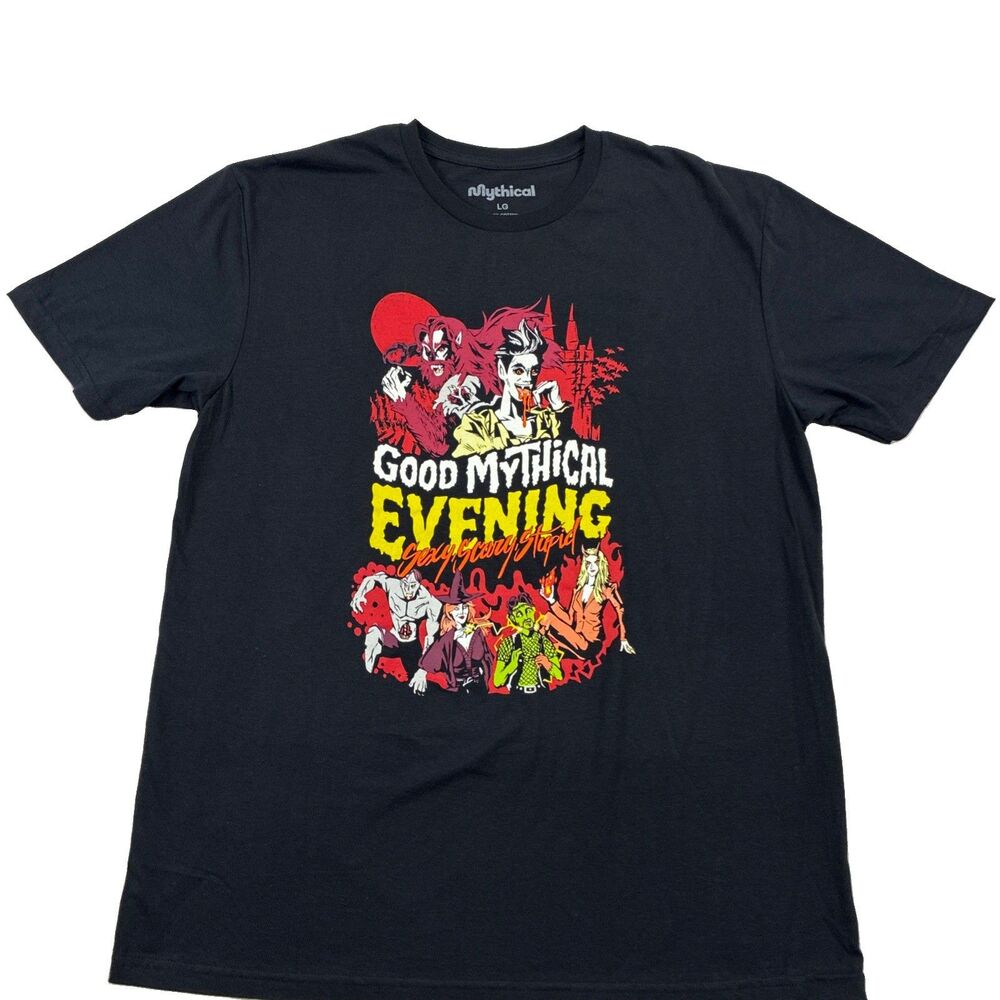 Mythical Good Mythical Evening Men's L Black Cotton Crew Neck Graphic Tee Spooky